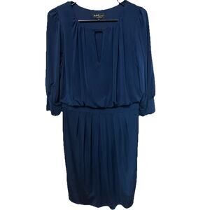 ABS ALLEN SWARTZ COLLECTION Navy Front Deep-V Midi Dress Puff Sleeves Size 10
